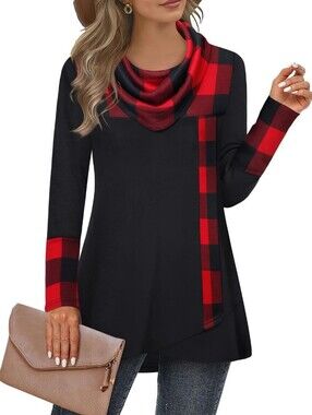 Furnex Black Red Buffalo Plaid Long Sleeve Cowl Neck Tunic Size XL NWT P2P 22 In